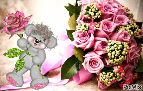 roses et ourson - Free animated GIF