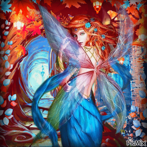 Red hair Fairy in Autumn - Free animated GIF