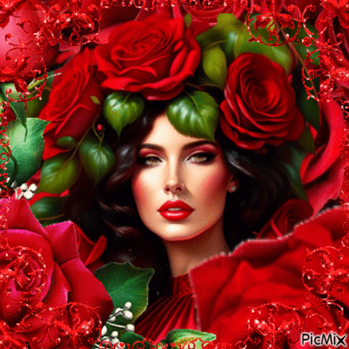 Portrait de femme et roses rouges - Free animated GIF