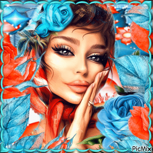 Portrait de femme en rouge et turquoise - Gratis animeret GIF