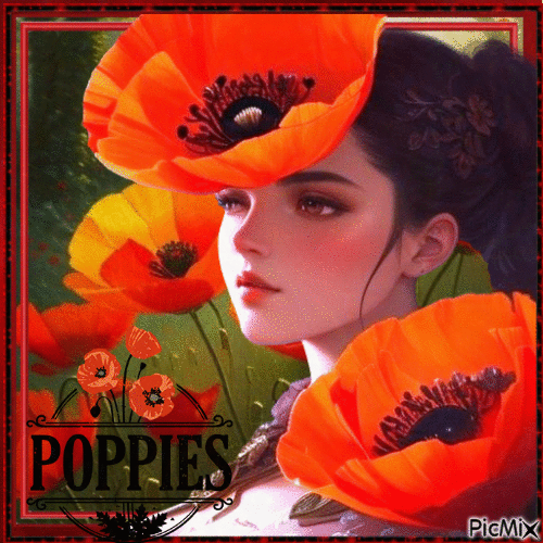 Woman, art and poppies - Free animated GIF