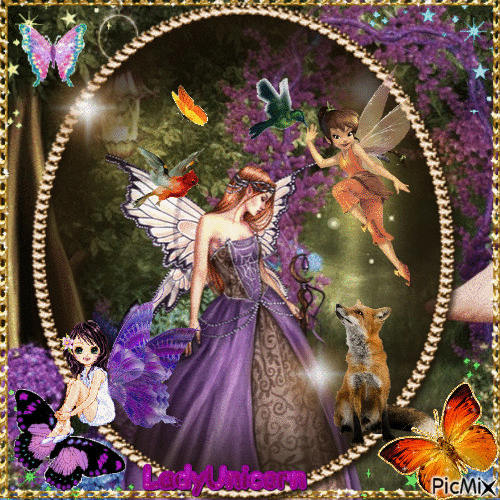 Beautiful Fairy and elves in the fantasy forest - GIF animado grátis