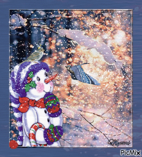 bonhomme de neige et oiseaux - Ilmainen animoitu GIF