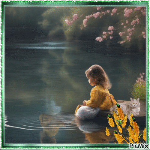 Concours : Une petite fille assise au bord d’un étang - GIF animé gratuit