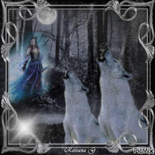 La femme et ses loups  dans le bois - Free animated GIF