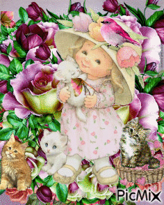 A PRETTY DOLL SITTING AMONG THE FLOWERS AND BIRDS AND BUTTERFLIES. - GIF animado gratis