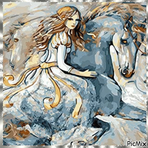 Peinture Aquarelle Fille et cheval - Ingyenes animált GIF