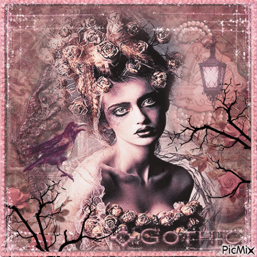 Gothic woman portrait in pink, peach and black - GIF animado gratis