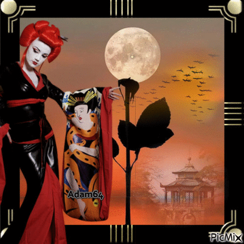 Geisha and moon - GIF animasi gratis