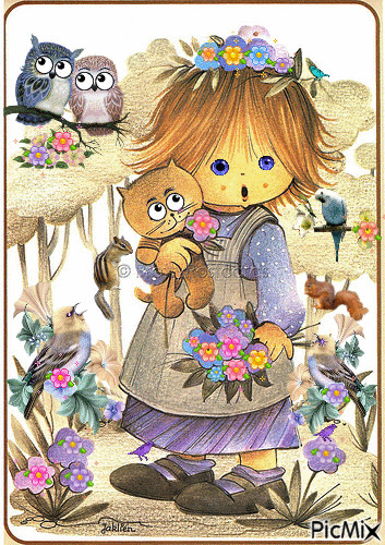 a little girl her animals, birds, and flkowers. - GIF animate gratis