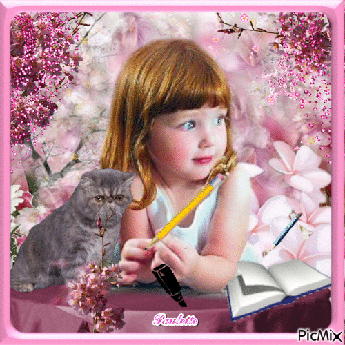 petite fille et son chat - 免费动画 GIF