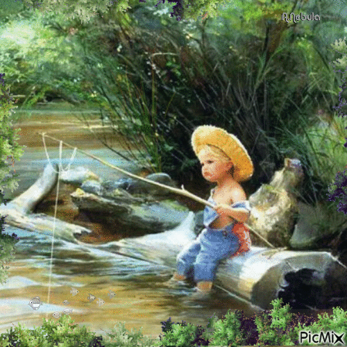 vintage- boy  fishing in the pond/contest - Free animated GIF