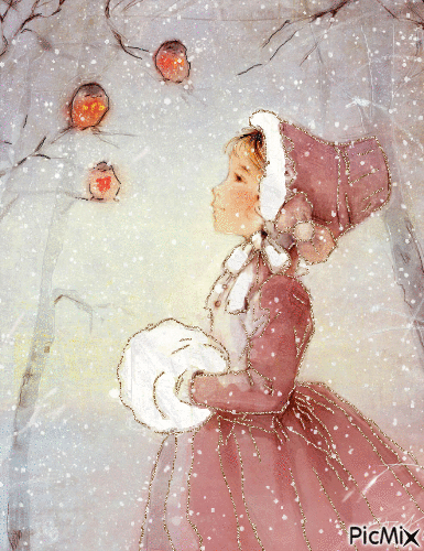 Девочка и снегири. - Бесплатный анимированный гифка