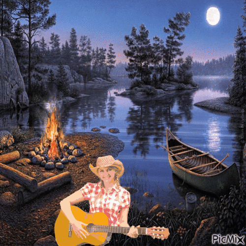 Cowgirl playing guitar at campsite - Free animated GIF
