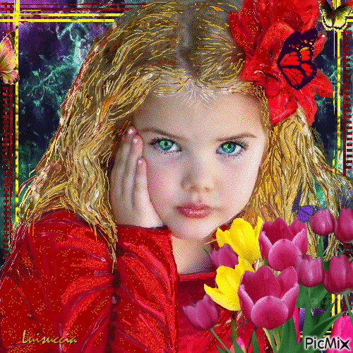Bambina e tulipani - GIF animate gratis