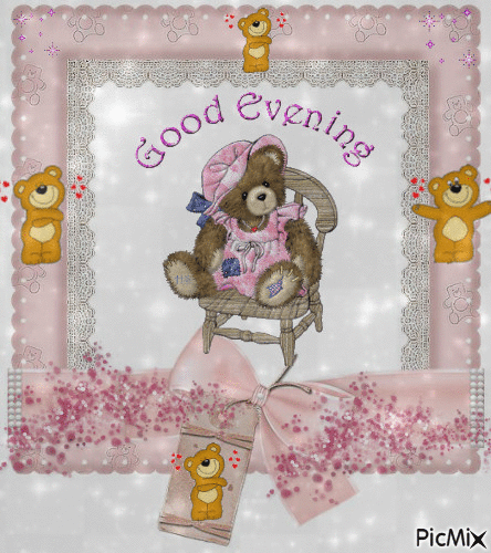 GOOD EVENING A TEDDY BEAR IN A ROCKING CHAIR IN A PINK FRAIME WITH LITTLE TEDDY BEARS ON IT AND A PINK BOW. THERE ARE SPARKLESON THE WHOLE PICTURE. - GIF animado gratis