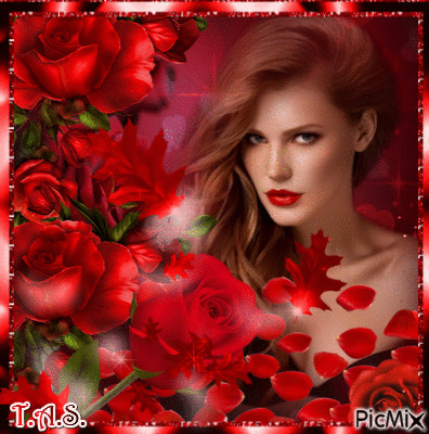 Femme avec des fleurs rouges - 無料のアニメーション GIF