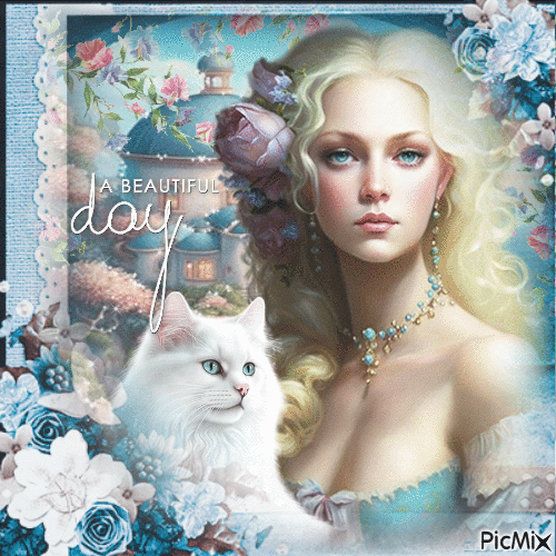 Woman blonde white cat - Безплатен анимиран GIF