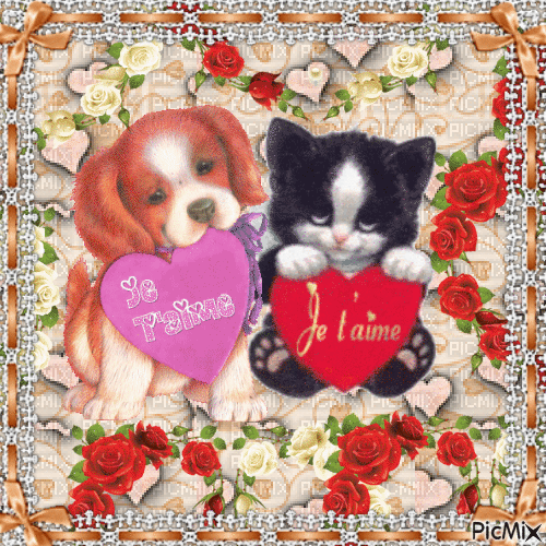 Chat et chien - aquarelle - Free animated GIF