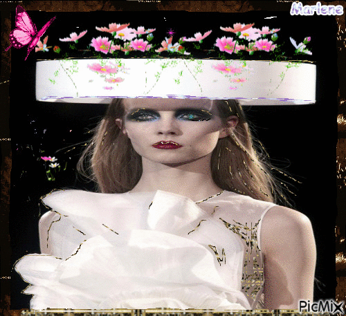 Portrait Woman Spring Flowers Hat Butterfly Deco Glitter Colors White Fashion Glamour - GIF animé gratuit