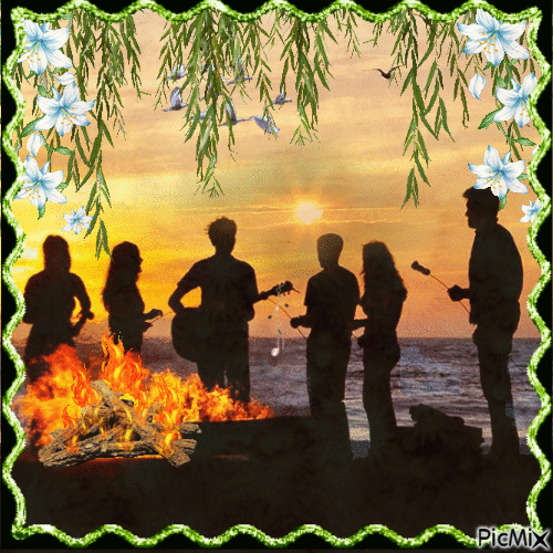 friends gathered around a fire listening to music. - Nemokamas animacinis gif