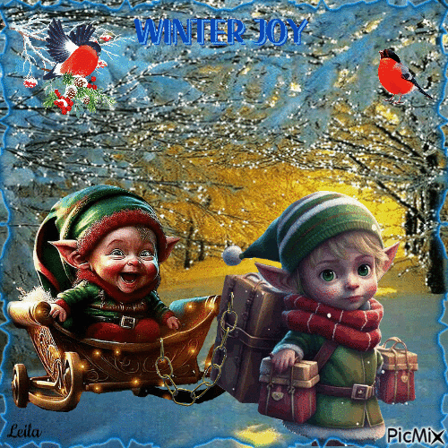 Winter joy. Boy elves - GIF animado grátis
