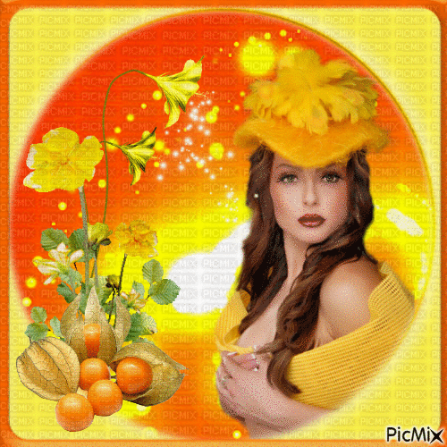 Portrait de femme en orange et jaune. - Бесплатный анимированный гифка