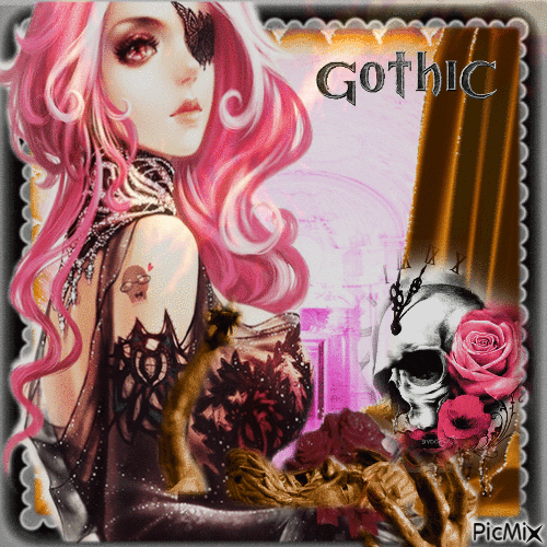 Gothic-Frauenporträt in Pink, Pfirsich und Schwarz - Gratis geanimeerde GIF