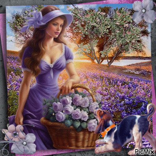 Mujer con cesta de flores - Gratis animerad GIF