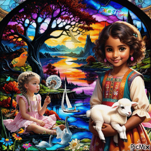 Little girl, colorful spring - Animovaný GIF zadarmo