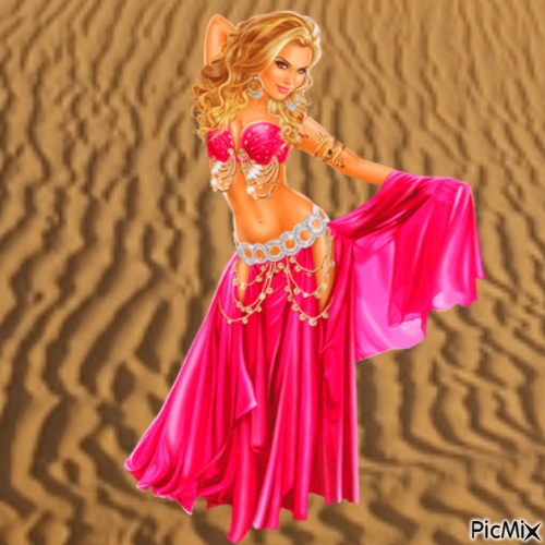 Red suited belly dancer in desert - gratis png