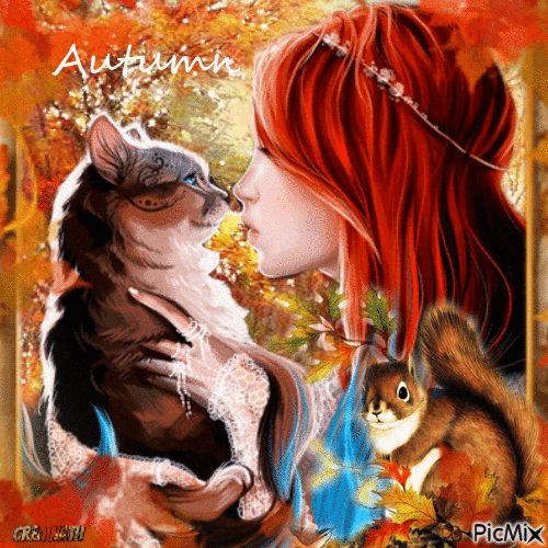 Jeune fille avec son chat - Free animated GIF