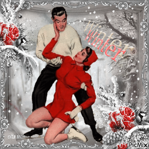 couple de patineurs vintage gris,blanc et rouge - GIF animasi gratis