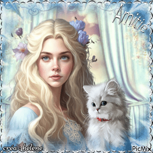 concours : Femme blonde  et chat blanc - GIF animé gratuit