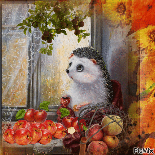Erizo y manzanas en otoño - GIF animado gratis