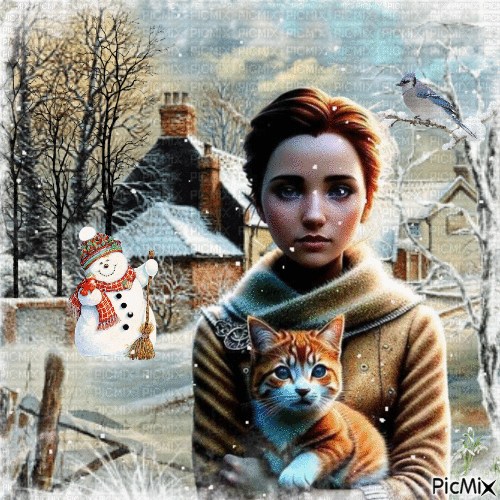 Femme avec chat en hiver - Free animated GIF