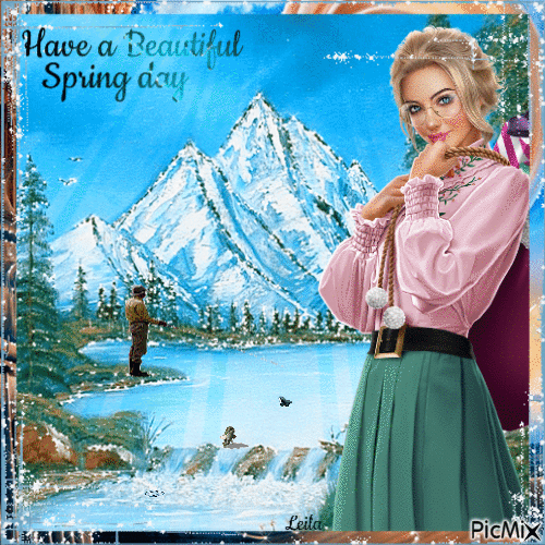 Have a Beautiful Spring day. Mountains, fishing. Woman - Besplatni animirani GIF