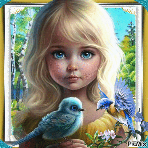 Little girl with birds - Бесплатный анимированный гифка