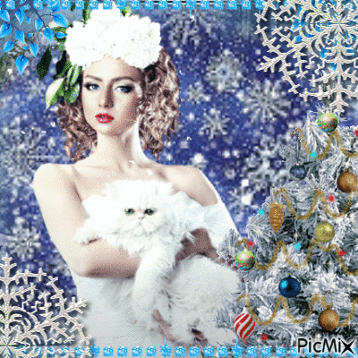 woman with cat in snow - Бесплатный анимированный гифка