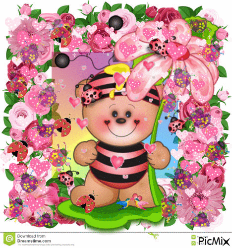 CUTE LITTLE BEE, PINK FLOWERS, PINK HEARTS, LADY BUGS, FLASHING COLORS, AND TWO LITTLE BIRDS. - Ingyenes animált GIF