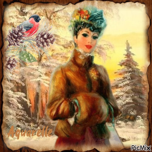 Femme en hiver-vintage en aquarelle - png ฟรี