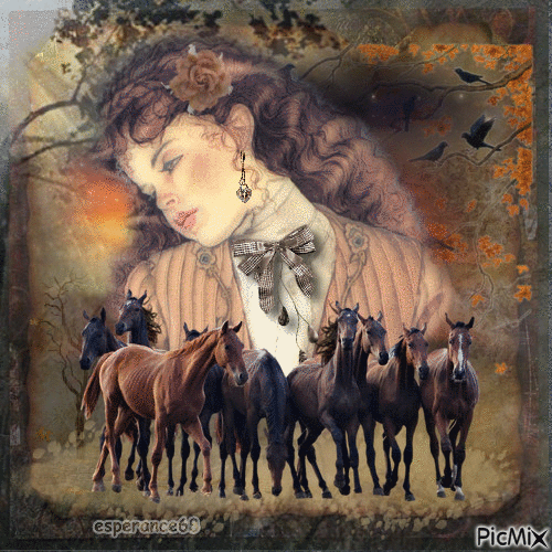 Vintage woman and horses - Ingyenes animált GIF