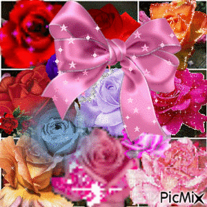 RED, ORANGE, PINK, RED, YELLOW, AND PURPLE ROS, A PINK BOW AND LOTS OF FLASHING.ES - Nemokamas animacinis gif