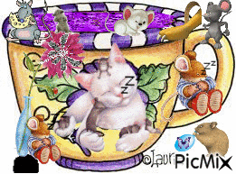 THE MICE ARE PLAYING IN THE TEACUP WHILE THE CAT IS SLEEPING WITH A HAND FULL OF MICE. - GIF animado grátis