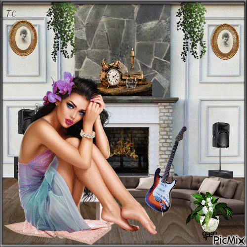Woman play music in her room - GIF animado gratis