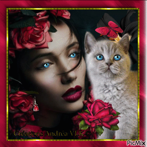 RED AND BLACK - LADY AND CAT - Free animated GIF