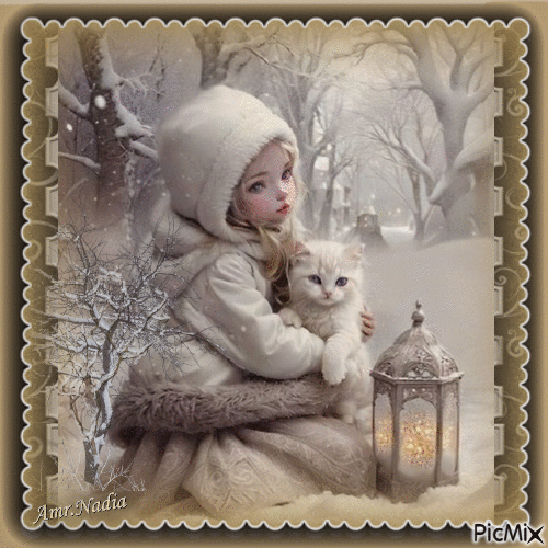 Enfant en hiver avec un chat - Бесплатный анимированный гифка