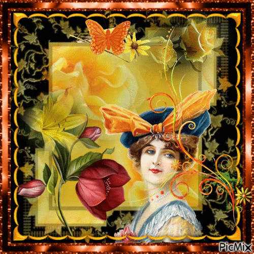 Portrait Woman Flowers Butterfly Deco Glitter Autumn Colors - GIF animado gratis