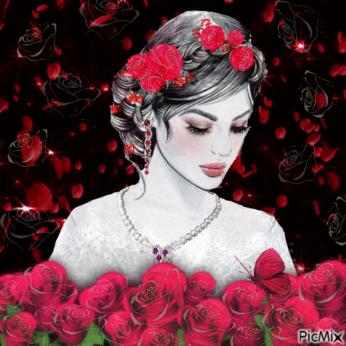 Femme avec des roses - Rouge, noir et blanc - Ilmainen animoitu GIF