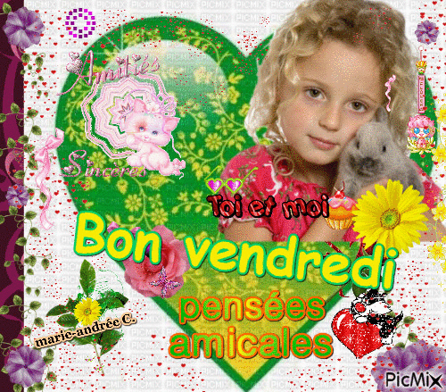 Un coeur, vert - jaune, fleurs . Amitiés;Enfant . Bon vendredi - Zdarma animovaný GIF